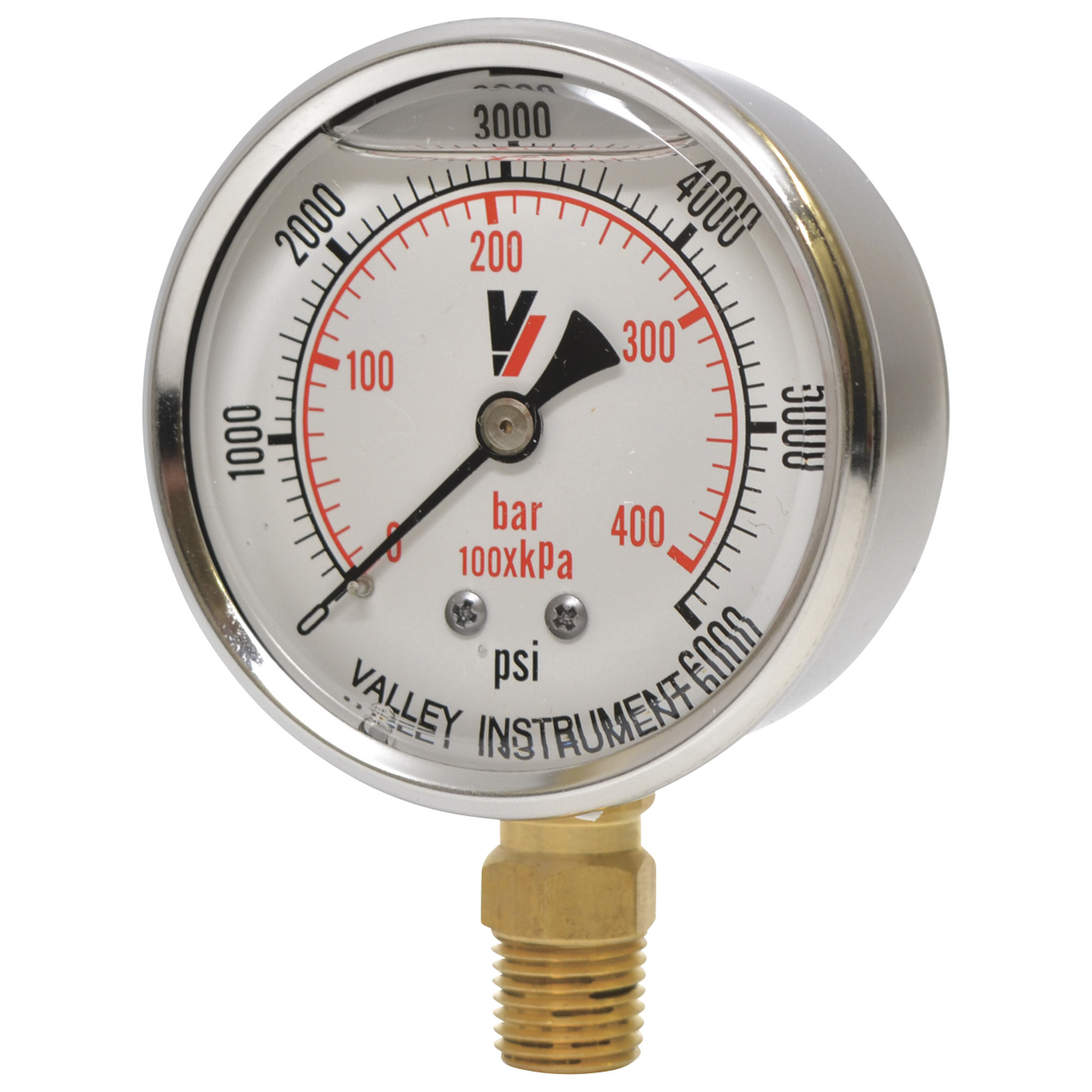 Valley Industries, 2.5in. Bottom Mt Gauge 6000PSI, Case Material Stainless Steel, Min. Operating Pressure 0 PSI, Max. Operating Pressure 6000 PSI, Model# 2140GXB6000
